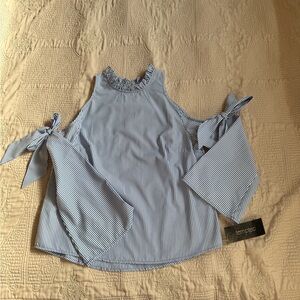 Tempted Navy and White Striped Long Sleeve Cold Shoulder Blouse